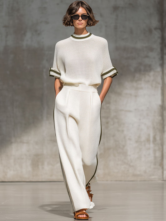 Vintage Trimmed White Knitted Mesh Short Sleeve Shirt Pants Set