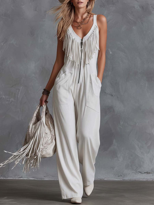White Faux Suede Sleeveless Jumpsuit with Retro Western Fringe Detail