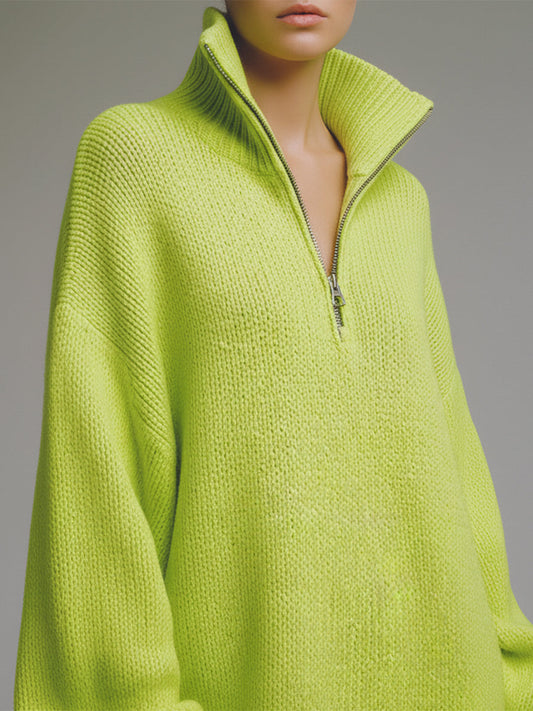 Green Knitted Mini Dress with Half Zipper Stand Collar