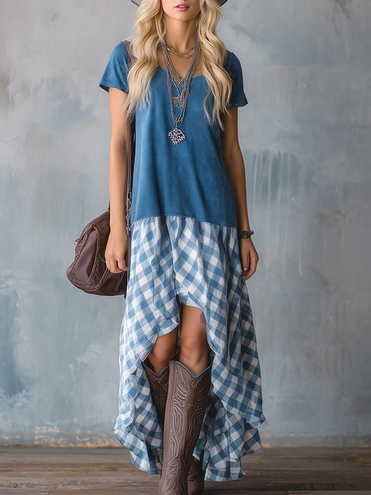Retro Blue Faux Suede Patchwork Plaid Short Sleeve Maxi Dress