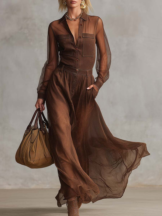 Vintage Western Brown Cotton Maxi Dress with Organza Sleeves