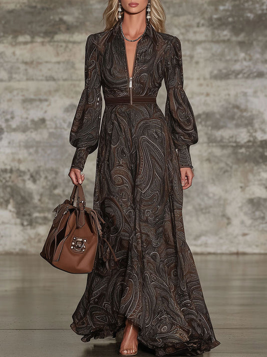 Vintage Inspired Paisley Pattern Zipper Maxi Dress with Lapel
