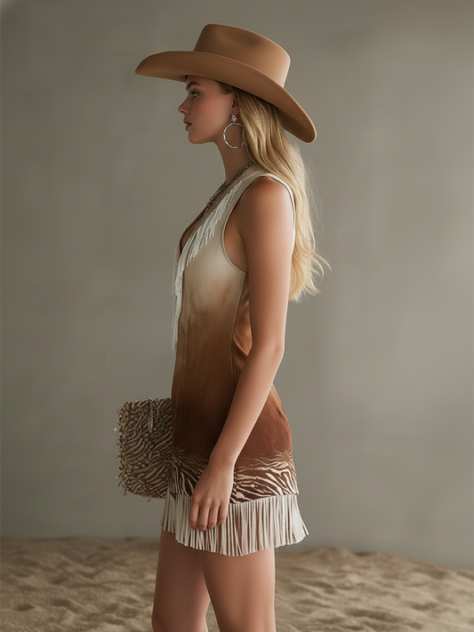 Retro Western Style Fringed Faux Suede A-Line Mini Dress Beige