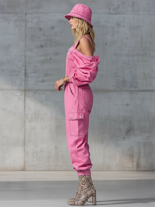Modern Long-Sleeved Strappy Pink Denim Jumpsuit with Tapered Legs