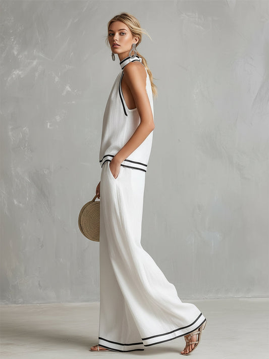 Elegant Minimalist Trimmed White Cotton Linen Halter Top Pants Set