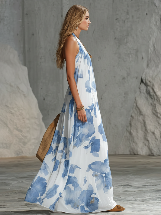 Elegant Retro Floral Print Chiffon Maxi Dress for Vacation Style