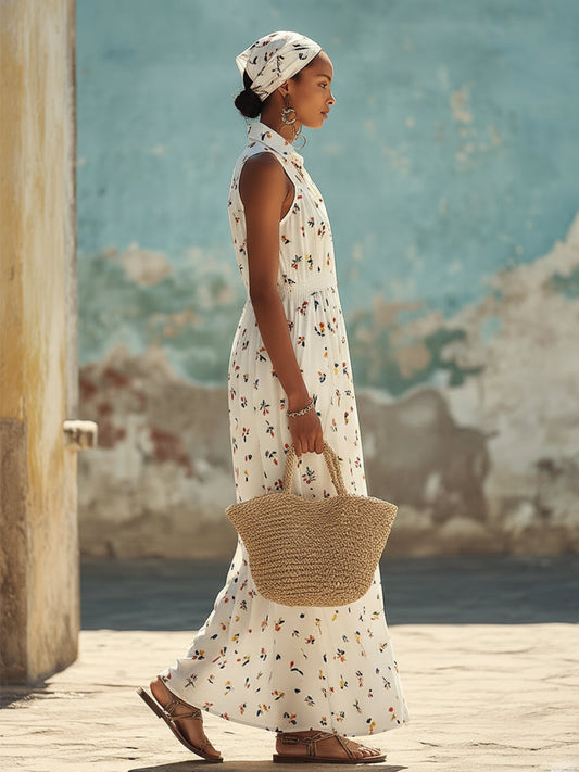 Floral Print White Lapel Sleeveless Chiffon Maxi Dress by GY