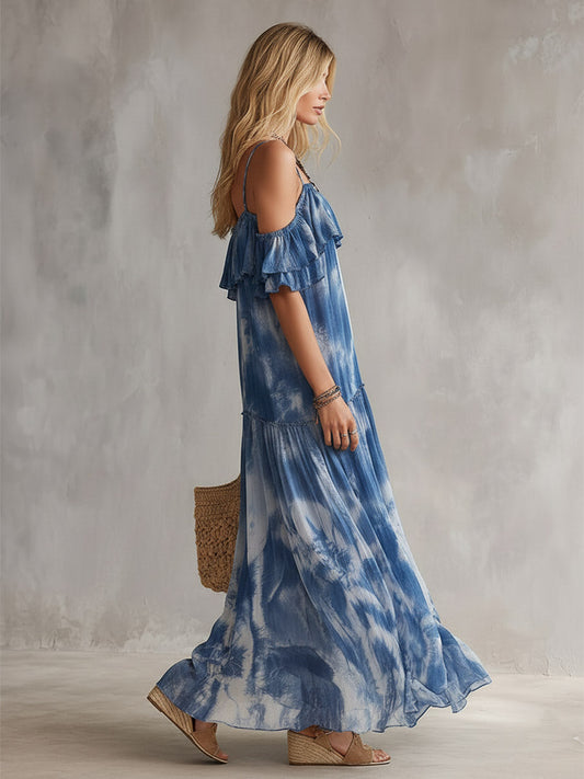 Blue Tie-Dye Chiffon Off-Shoulder Maxi Dress With Spaghetti Straps