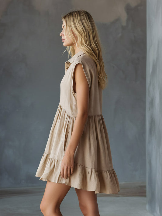 Chic Apricot Cotton-Linen Wide-Shoulder Sleeveless Mini Dress for Summer