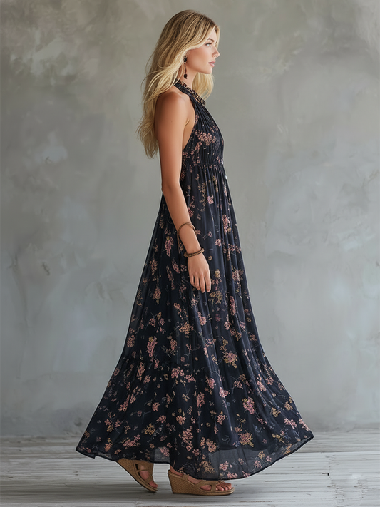 Flowy Black Floral Chiffon Sleeveless Maxi Dress for Elegant Style