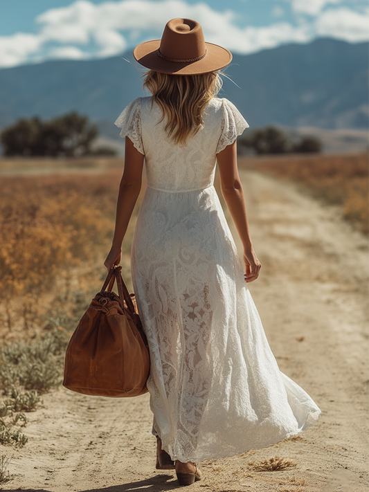 Chic Western White Lace-Up V-Neck Short-Sleeve Maxi Dress
