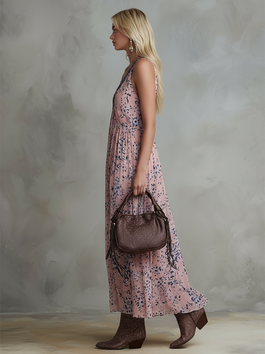 Retro Floral Pink Chiffon Sleeveless V-Neck Maxi Dress for Women