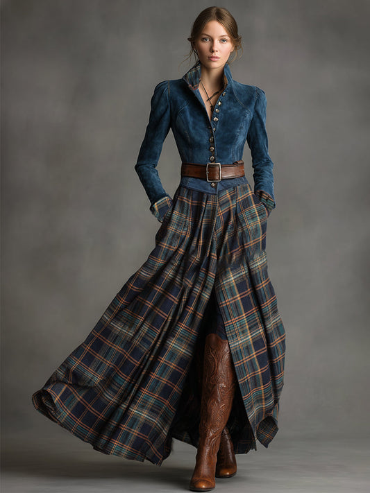 Retro Blue Plaid Faux Suede Maxi Dress with Ethnic Belt