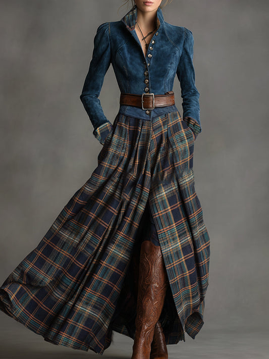Retro Blue Plaid Faux Suede Maxi Dress with Ethnic Belt