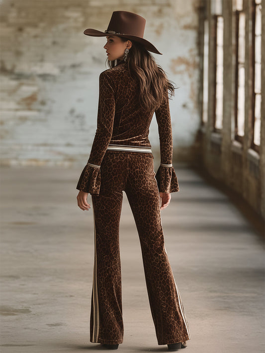 Retro Leopard Print Velvet Zip-Up Top and Flared Pants Set