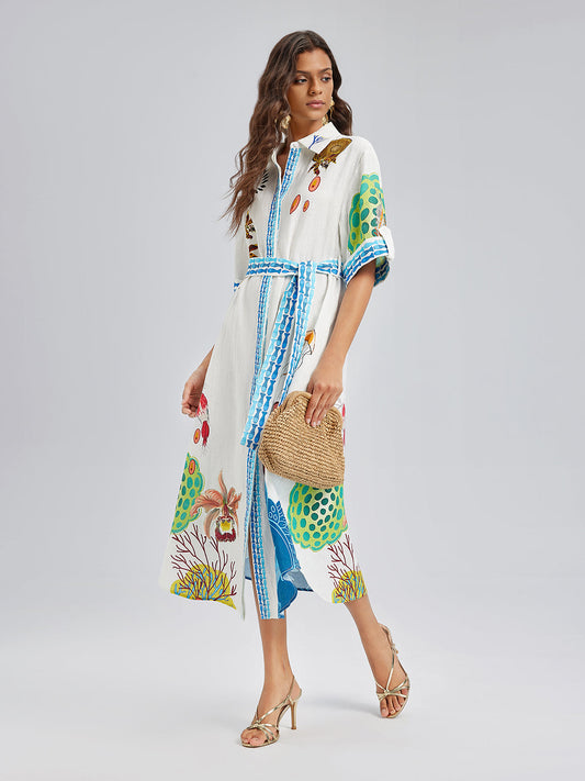 Breathable Natural Linen Printed Dress