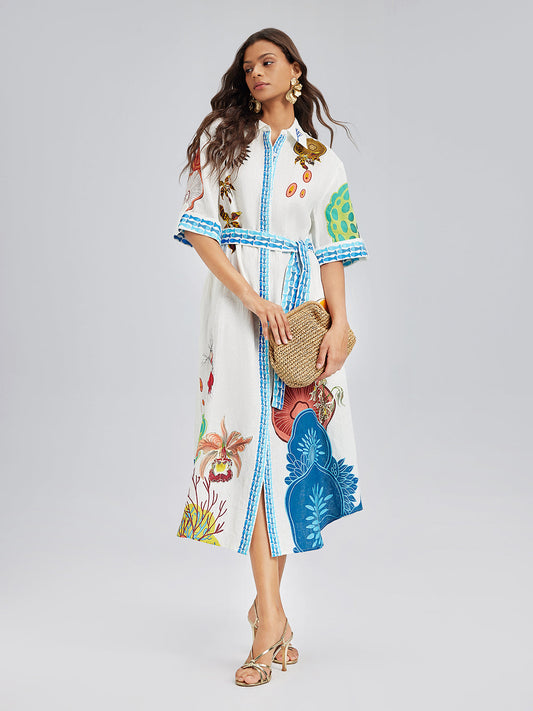 Breathable Natural Linen Printed Dress