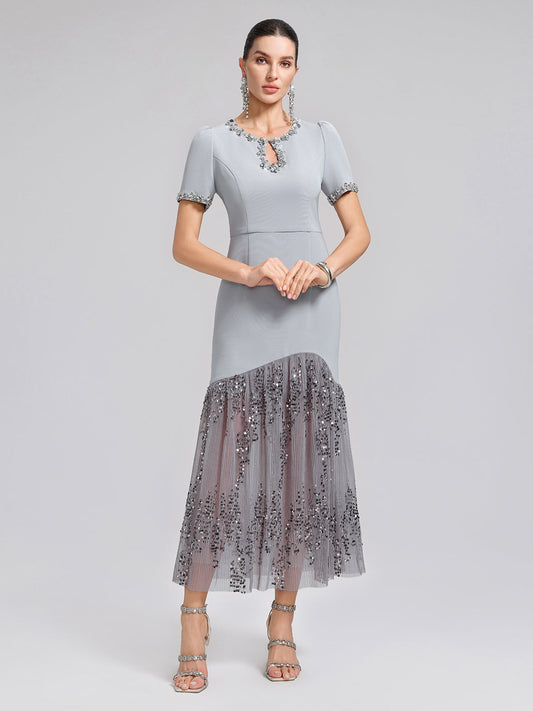 Hand-Beaded Sequin Tulle-Paneled Dress