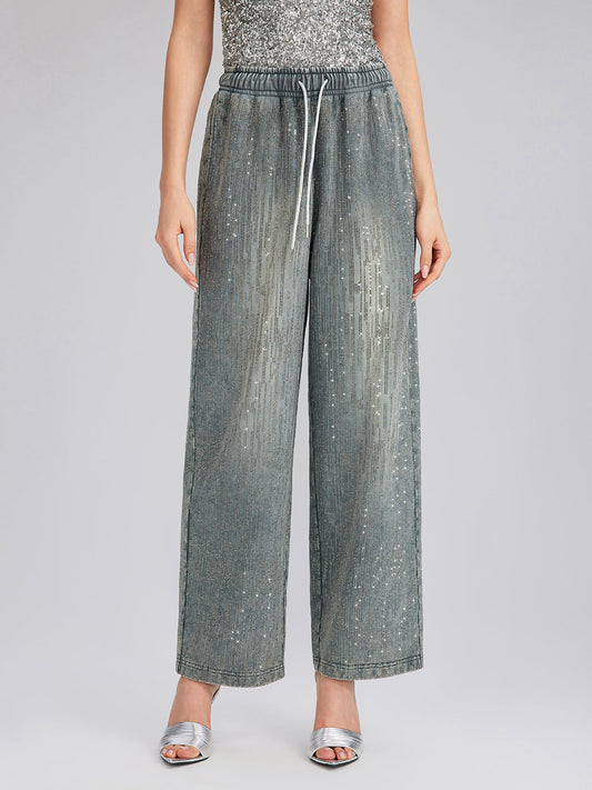 Denim-Inspired Rhinestones Embellished Sweatpants
