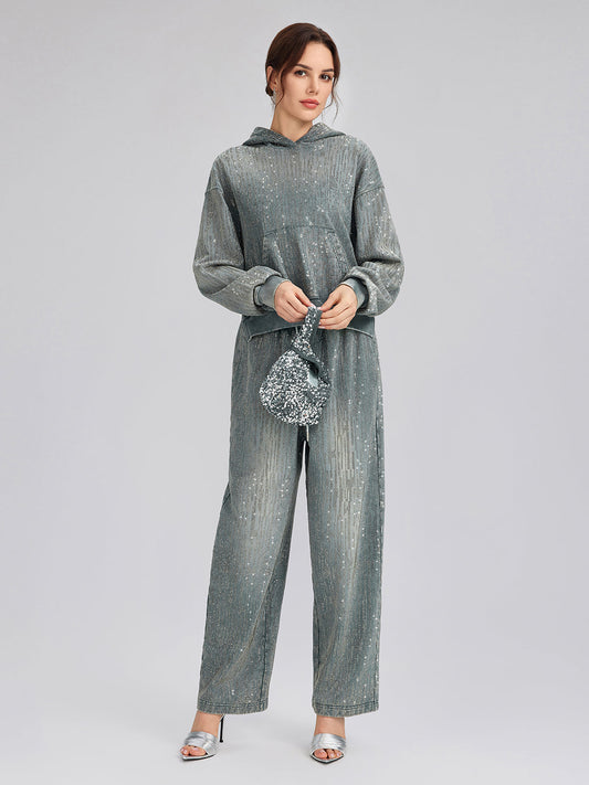 Denim-Inspired Rhinestones Embellished Sweatpants