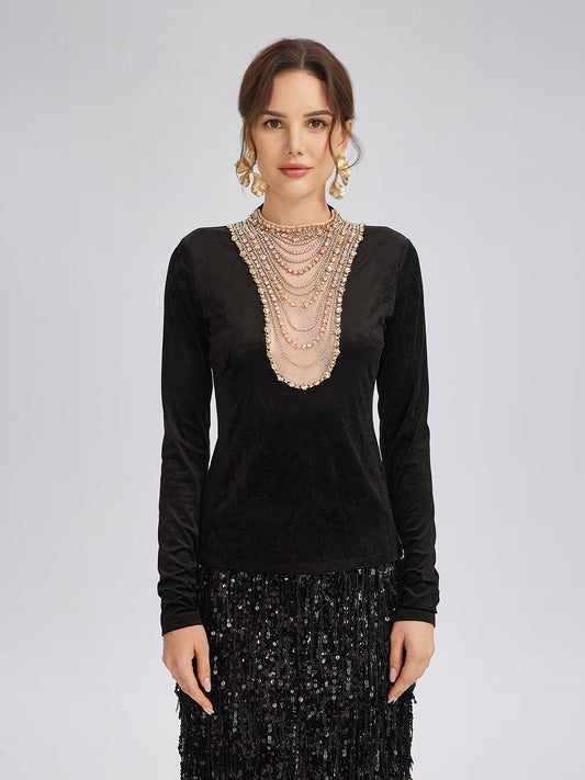 Hand-Beaded Crystal Chain Velvet Top