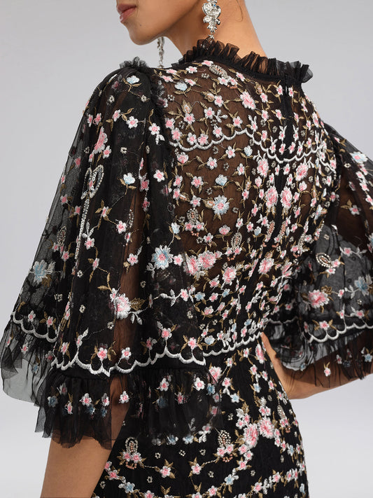 Embroidered Floral Ruffled Tulle Dress