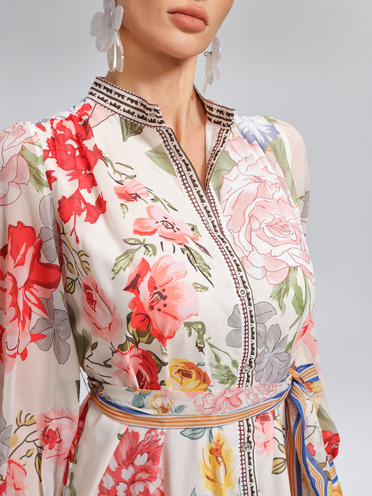 Floral Printed High-Waisted Shirt Dress