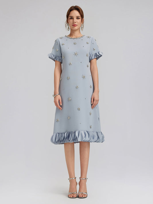 Hand-Sewn Beaded Floral-Trim Dress