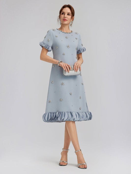 Hand-Sewn Beaded Floral-Trim Dress