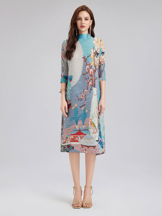 Artistic Print Pleated High Neck Dress