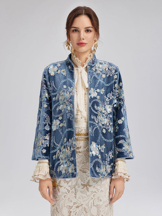 Floral Sequin Embroidered 3/4 Sleeve Velvet Jacket