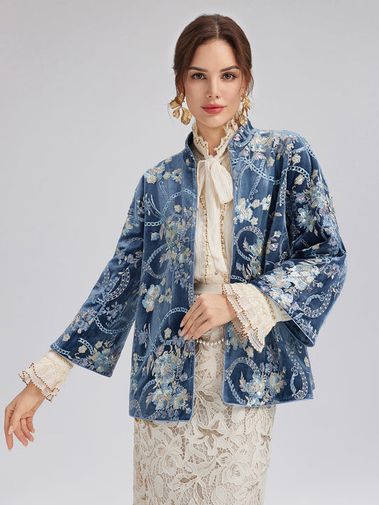 Floral Sequin Embroidered 3/4 Sleeve Velvet Jacket