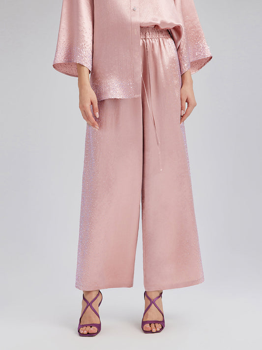 Crystal-Embellished Stretch Waistband Wide-Leg Pants