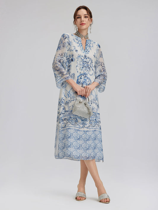 Silk Italian Floral Printed V-Neckline Dress