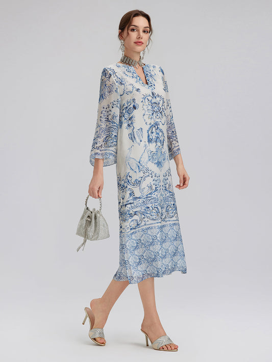 Silk Italian Floral Printed V-Neckline Dress