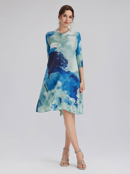 Abstract-Print Pleated Midi Dress