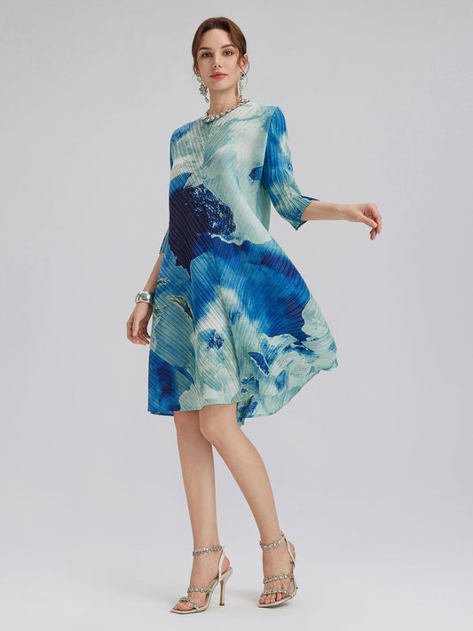 Abstract-Print Pleated Midi Dress