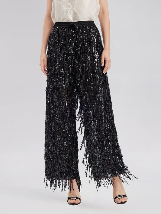 Sequin Fringe Elastic-Waist Pants