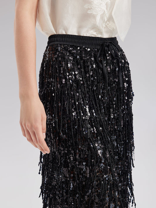 Sequin Fringe Elastic-Waist Pants