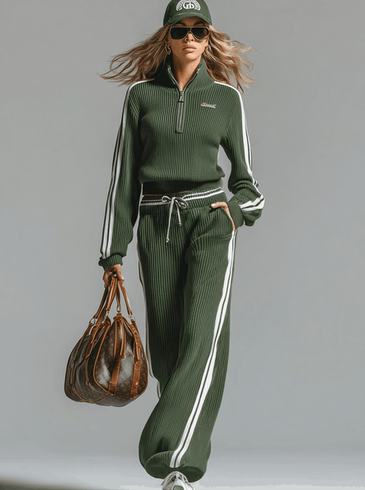 Casual Green Sporty Half-Zip Knitted Sweater And Pants Set