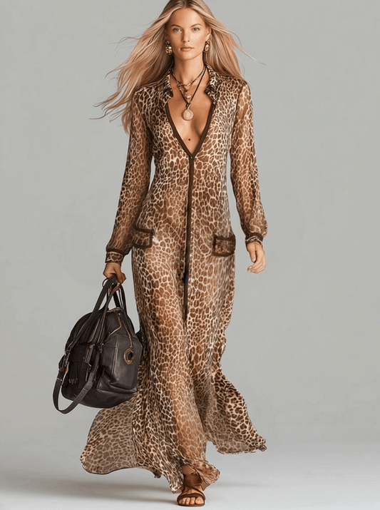 Brown Leopard Print Chiffon Maxi Dress With Long Sleeves