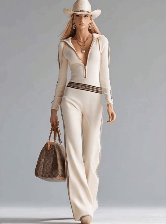 Women's Retro Sports Hooded V-Neck Zip-Front Knitted Jumpsuit