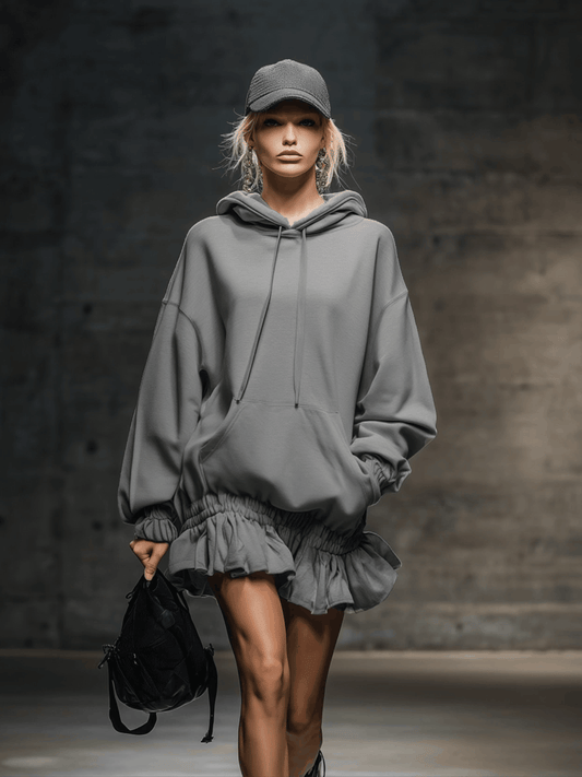 Comfortable Grey Hooded Sweatshirt Mini Dress with Elastic Hem