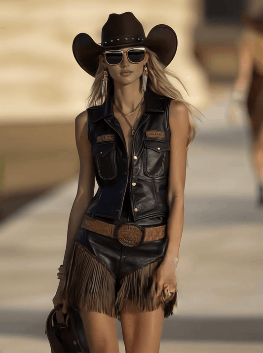 Vintage Western Distressed Faux Leather Vest And Tassel Shorts Set