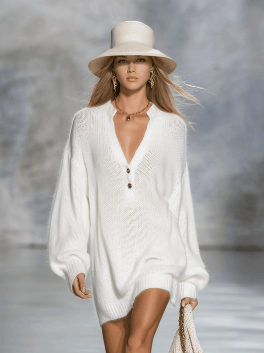Casual Elegant White V-Neck Solid Color Knitted Mini Dress