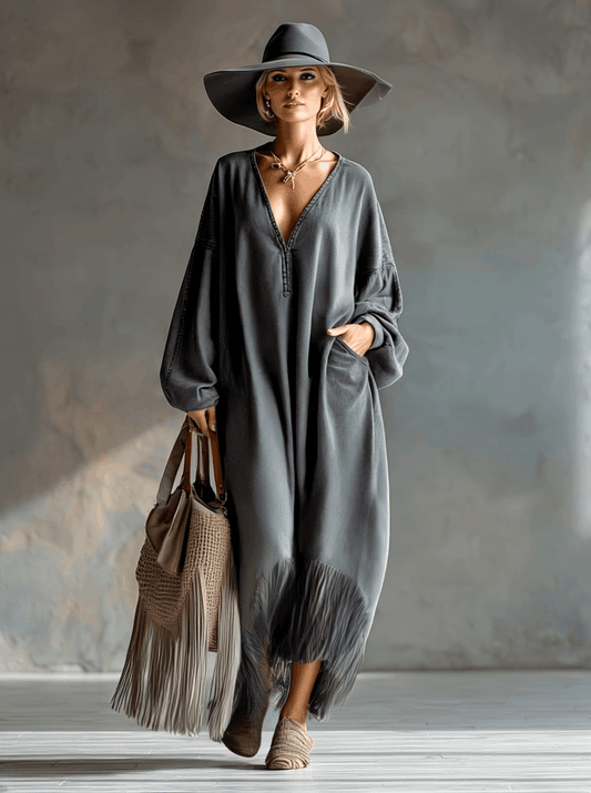 Elegant Grey Denim Long Sleeve Fringe Maxi Dress For Women