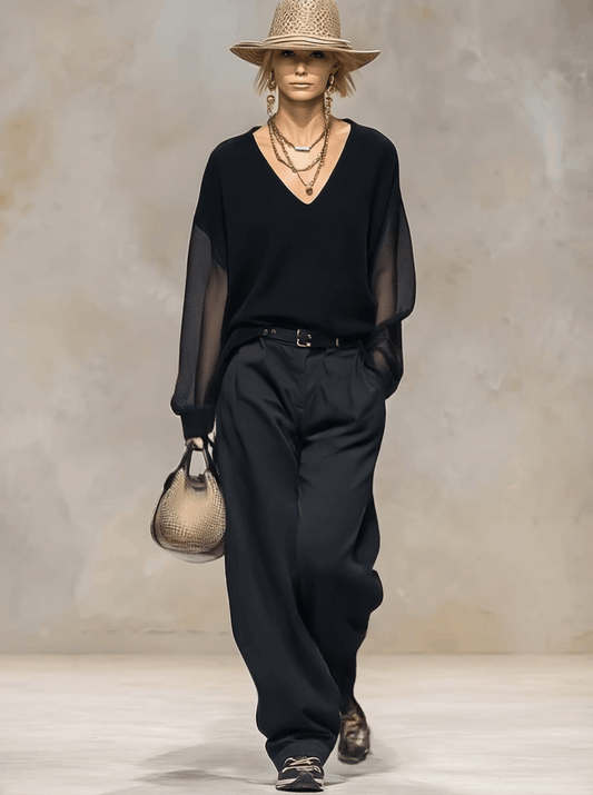 Comfortable V-Neck Black Sheer Long-Sleeved Knitted Blouse Top