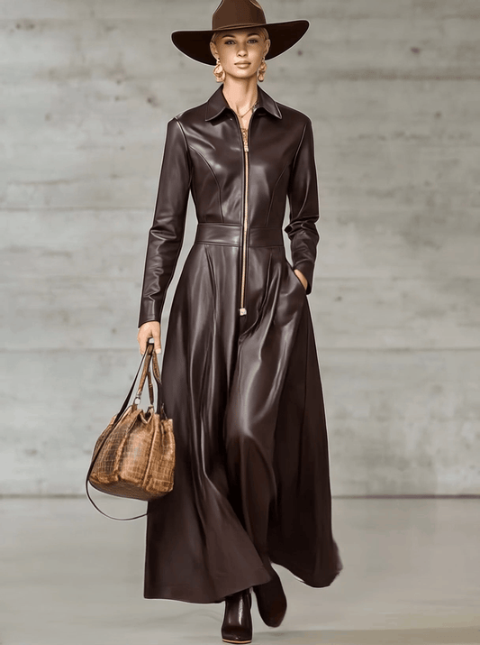 Premium Brown Faux Leather Long Sleeve Front Zipper Maxi Dress