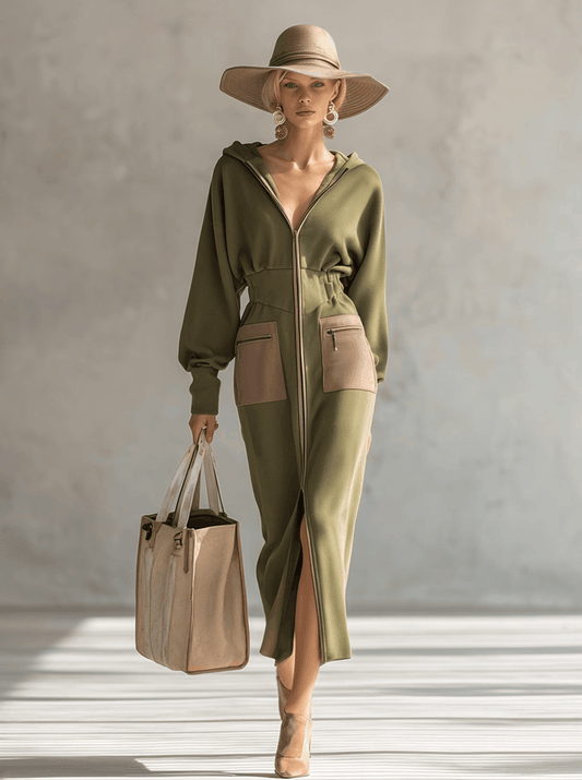 Elegant Olive Green Hooded Long Sleeve Zip-Up Maxi Sweatshirt Dress
