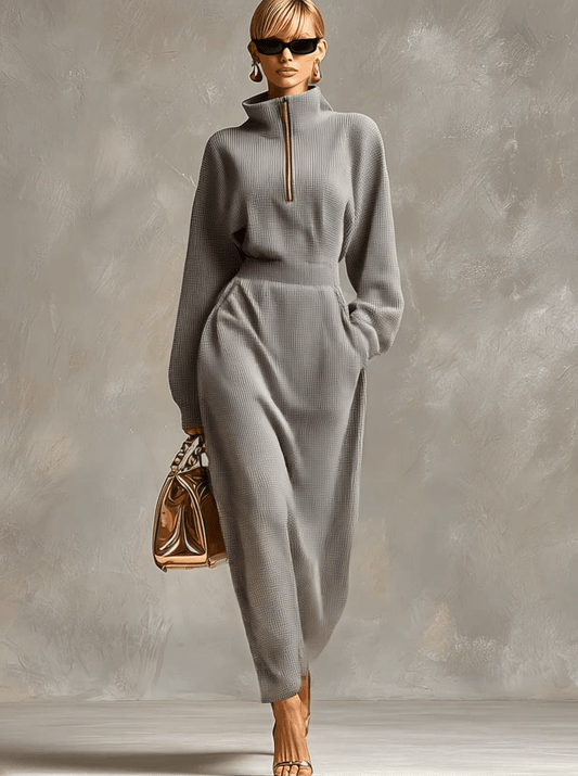 Casual Light Gray Waffle Fabric Maxi Dress with Front Zipper
